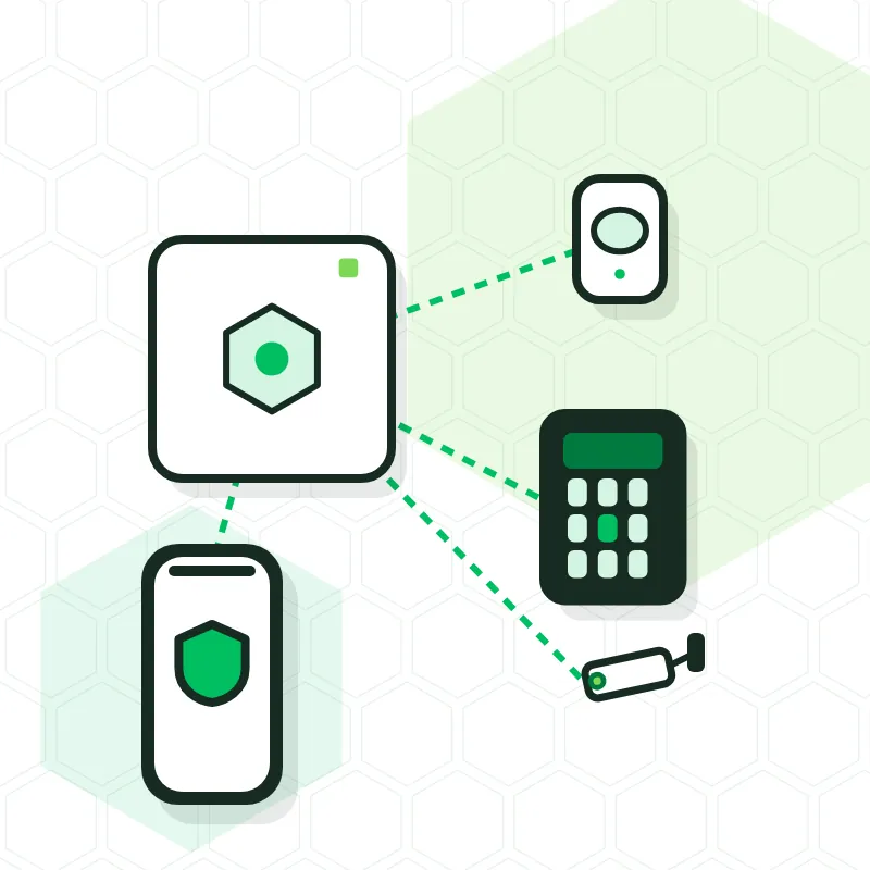 Illustration of an Ajax hub wirelessly linked to a detector, a keypad, a camera and a phone
