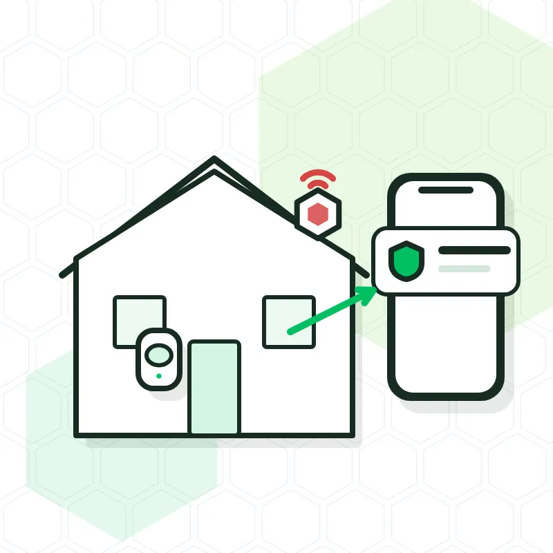 Ilustración de una vivienda con detector y sirena que avisa al móvil del dueño