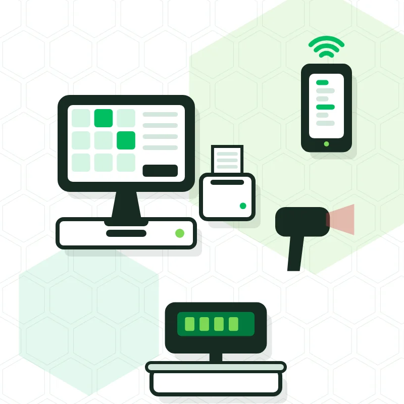 Illustration of a POS with cash drawer and printer, a handheld, a barcode scanner and a scale