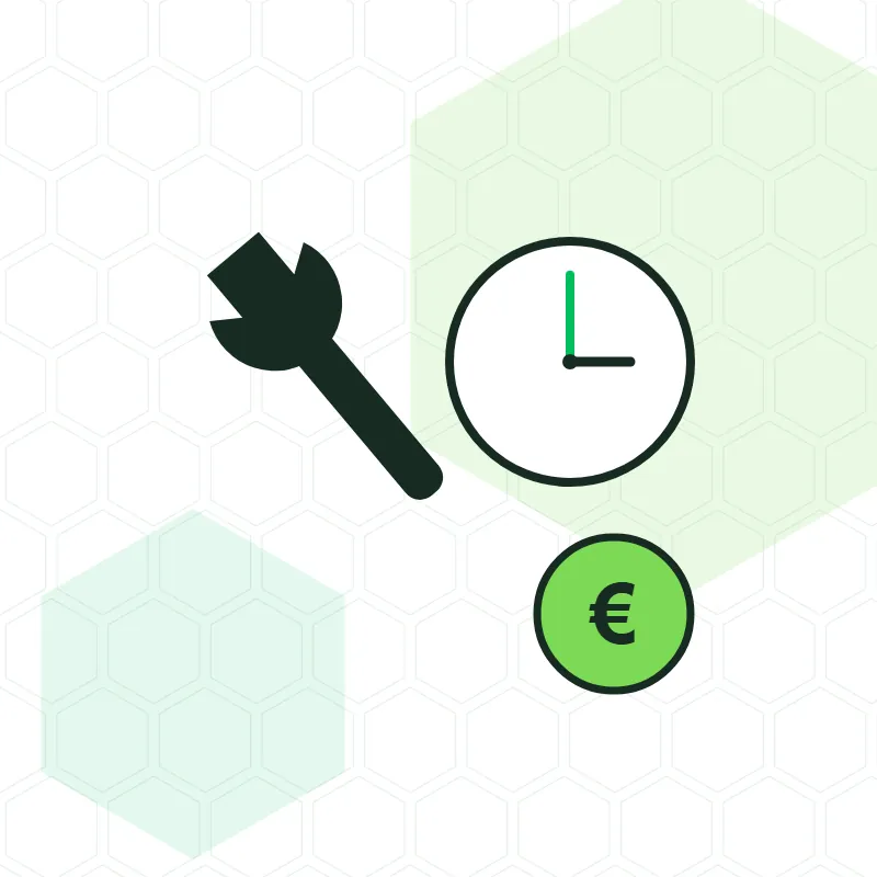 Ilustración de una llave inglesa, un reloj y el pago por horas