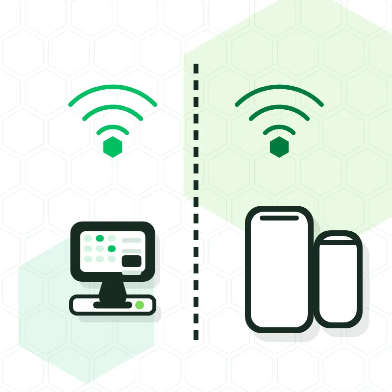 Ilustración de dos redes Wi-Fi separadas: la del negocio y la de clientes